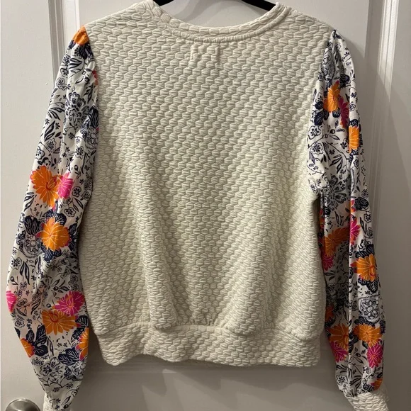 Anthropologie Cream Textured Sweatshirt with Floral Sleeves - Picture 2 of 5